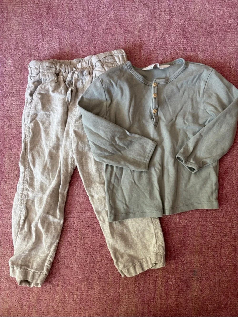 H&M Kids Natural Fibers 100% Cotton Blue Green Henley Top + Relaxed Linen Pants